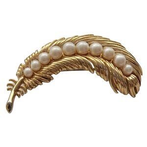 Trifari Crown Over T Vintage Gold-Tone Faux Pearl Feather Brooch, Signed
